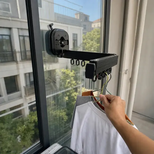 Qinux Hangeroox mounted on a window with shirts on hangers