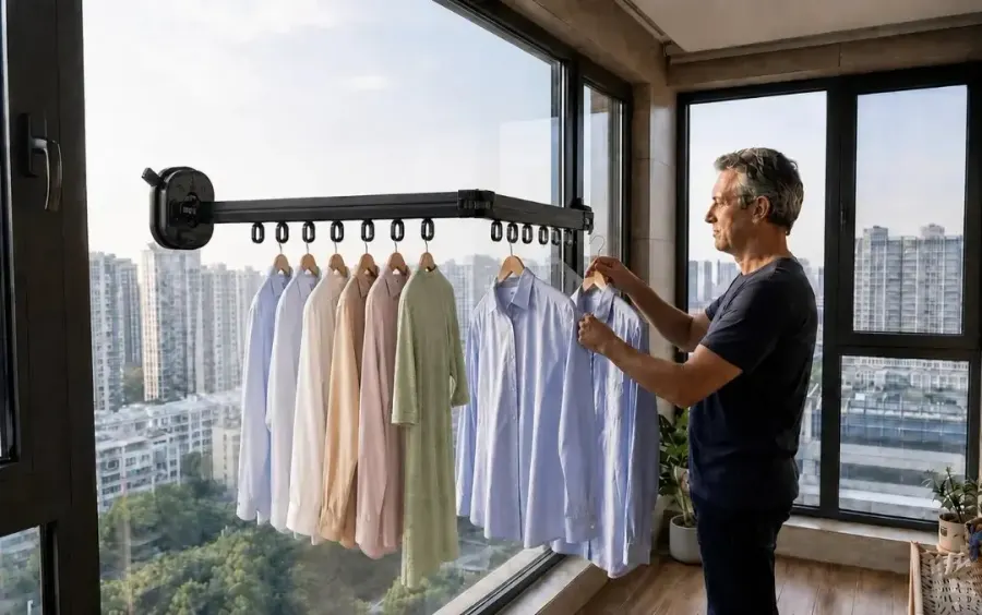 Man hanging shirts on a Qinux Hangeroox mounted beside a sunny apartment window