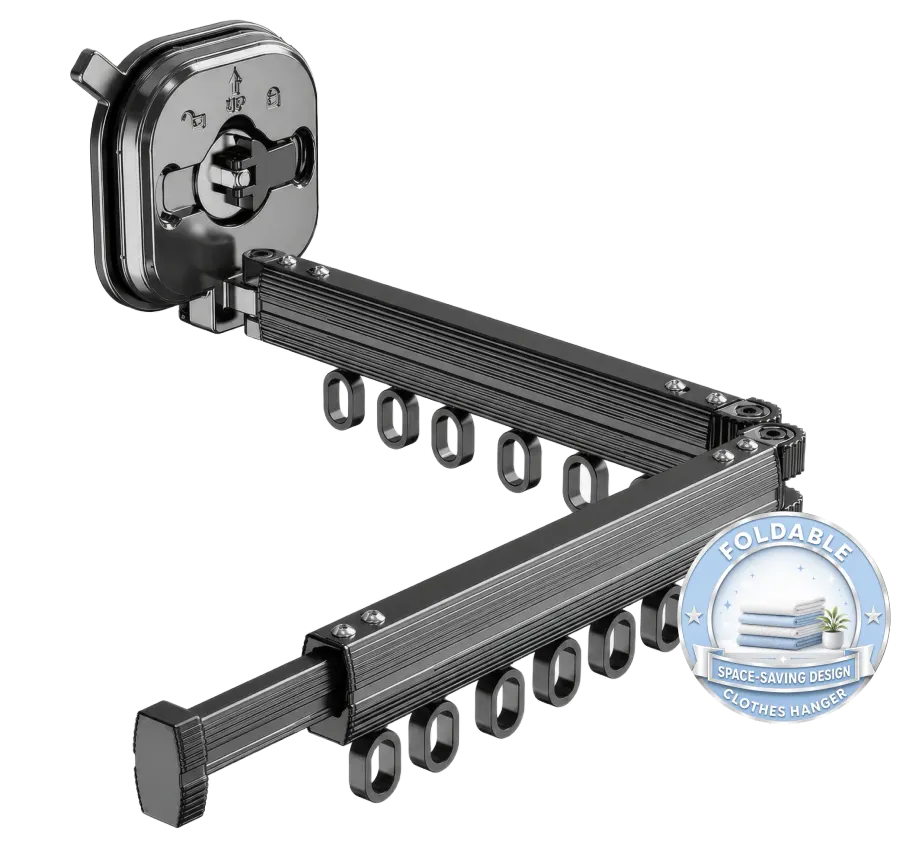 Qinux Hangeroox foldable drying rack in black aluminum with arms open in a V shape