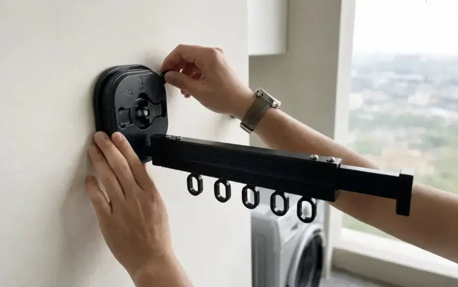 Hand locking the Qinux Hangeroox suction cup mount onto a smooth bathroom tile wall
